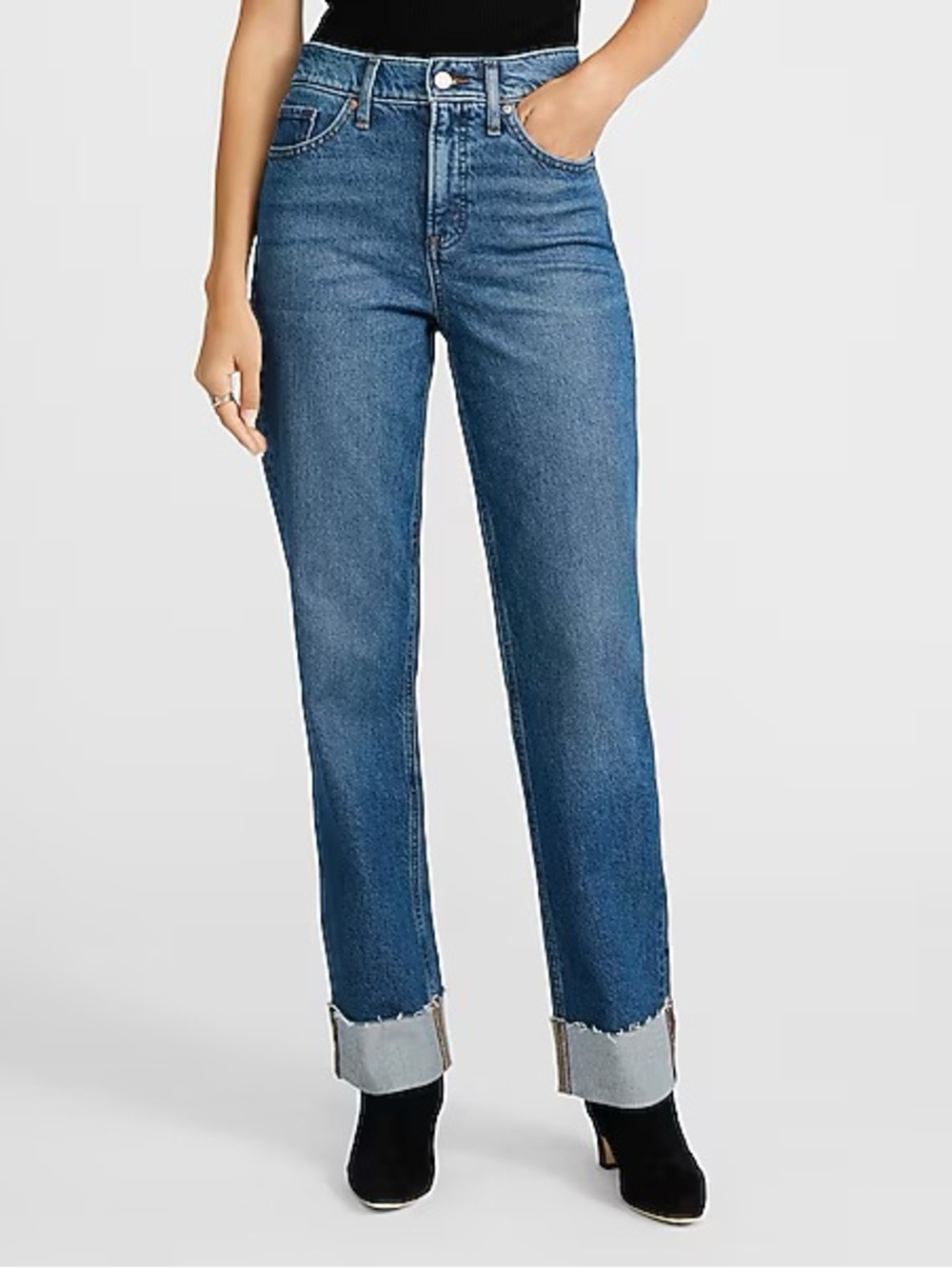 EUC Express High Waisted Dark Wash Cuffed Hem Straight Jeans, Women’s Size 8